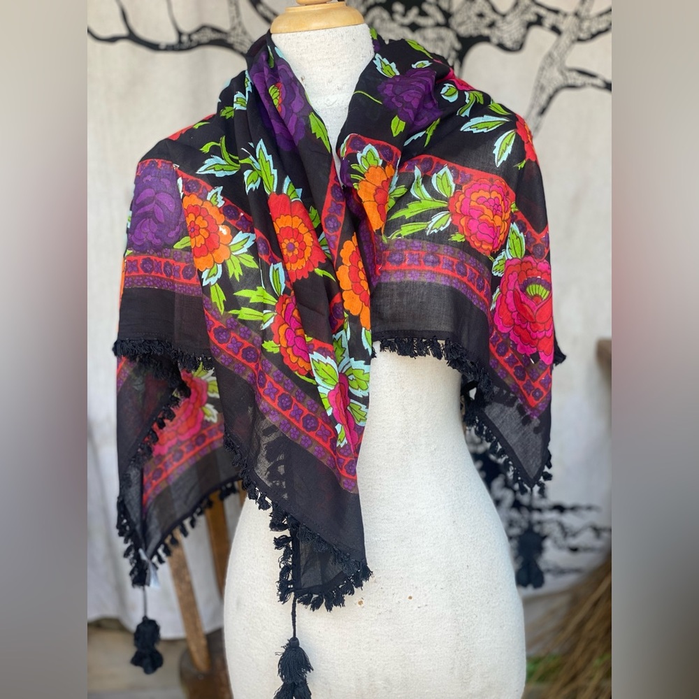 SJ Collection Vibrant Floral Tassel Scarf | Boho Wrap & Shawl